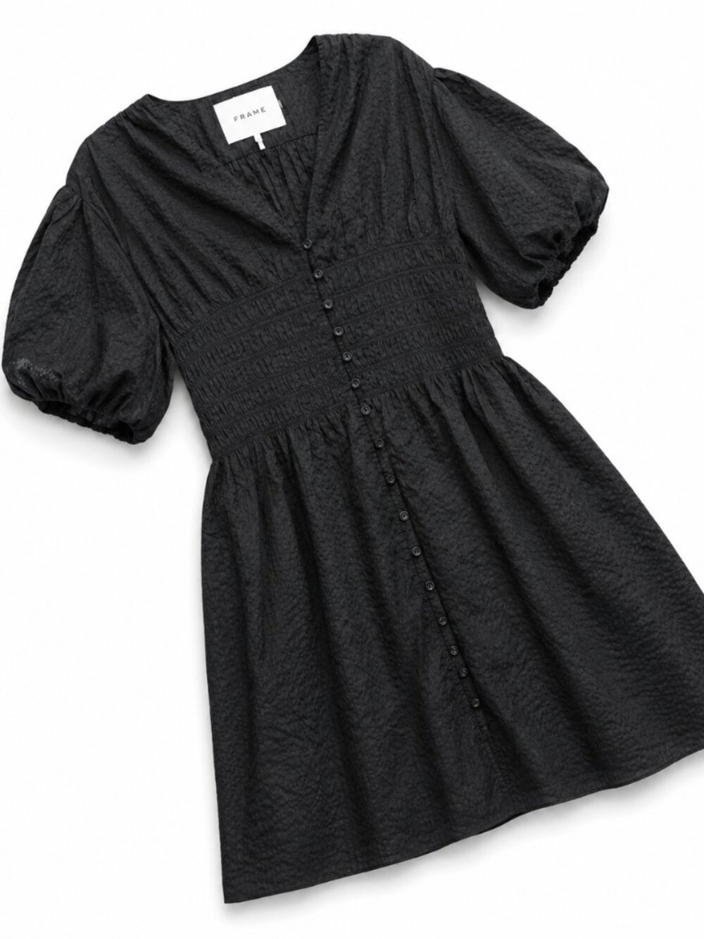FRAME Mini Dress Cotton Smocked Puff Sleeve Textured Noir Black - Picture 4 of 8